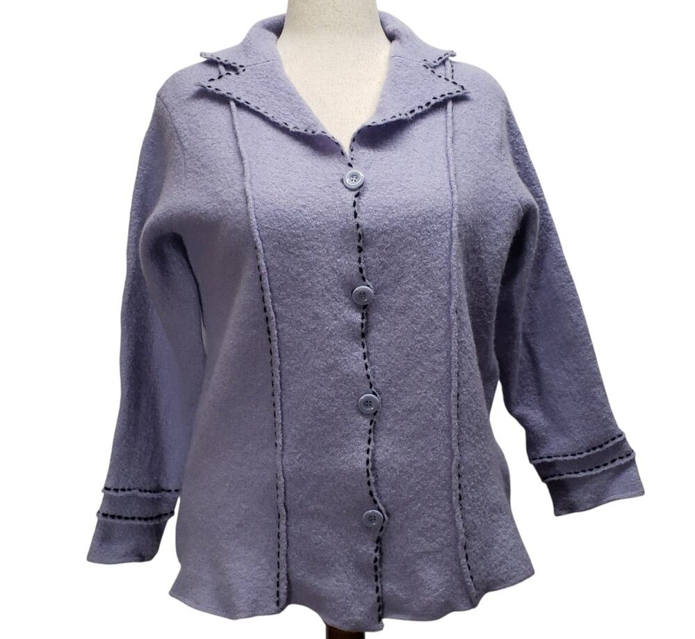 Vintage 90s Elisabeth Liz Claiborne 100% Wool Cardigan Blanket Stitch Pastel XL